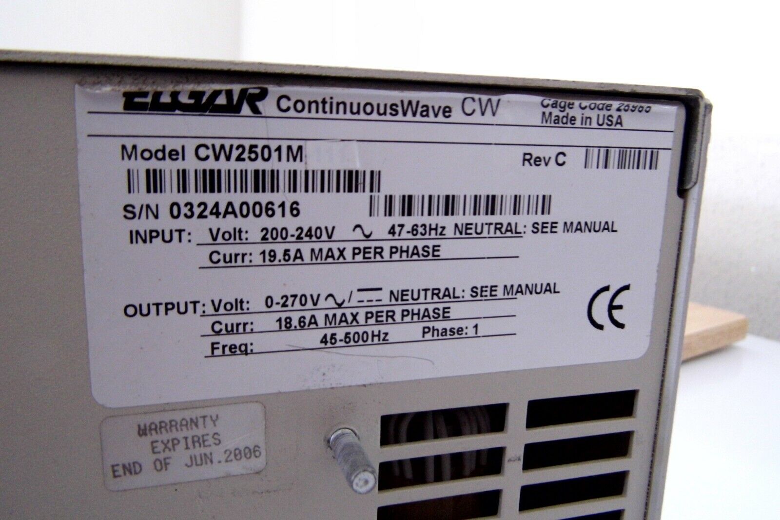 Ametek  CW2501M 2500VA AC Source 135/270Vac 18.2/9.6A 45-500Hz 11 in stock