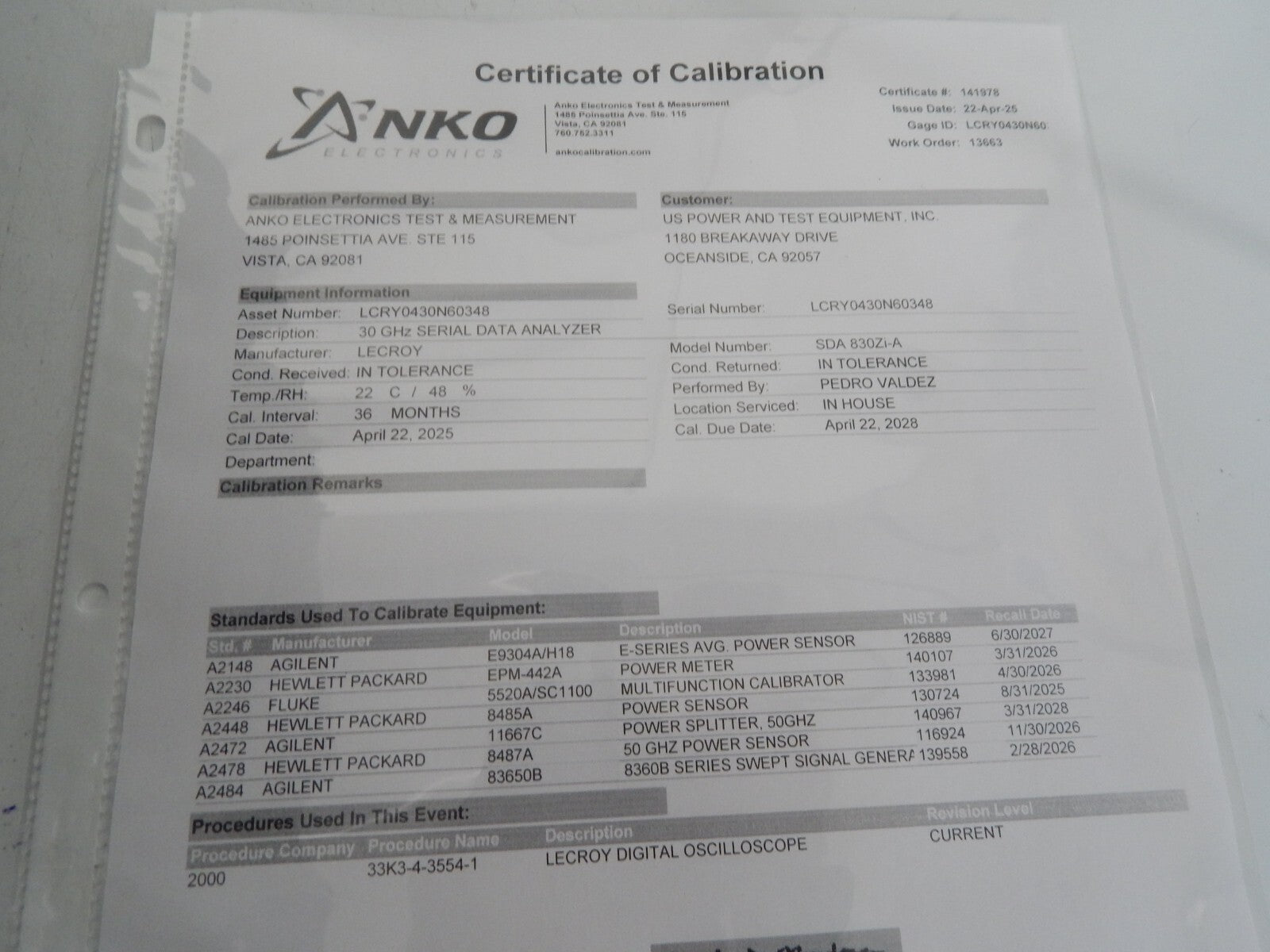 LeCroy SDA830Zi-A oscilloscope w/NIST cal 4/22/2025, WIN 10 standard accessories