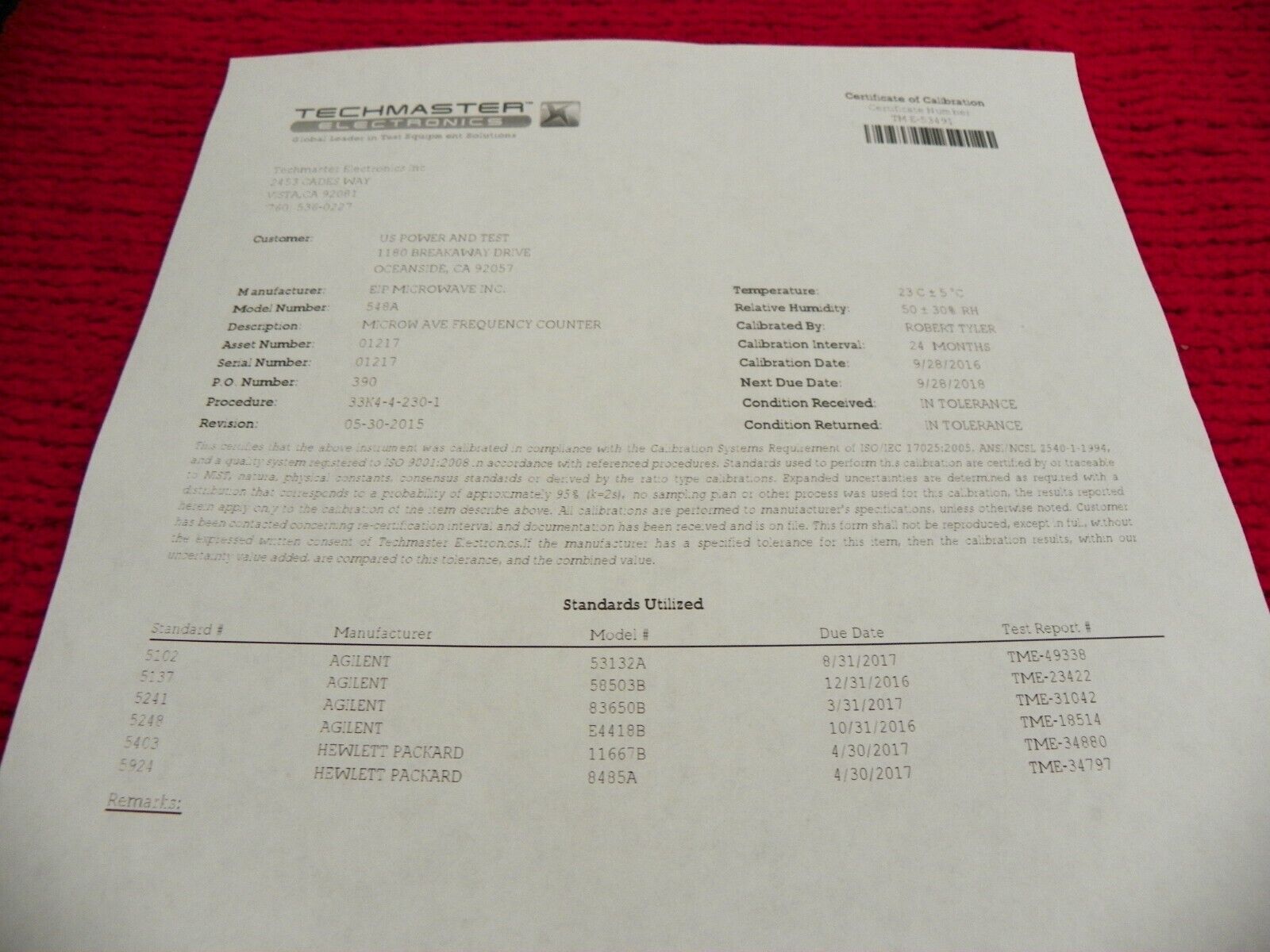 EIP 548A microwave frequency counter 10hz-26.5Ghz w/opt 05,06,08 NIST cal'ed