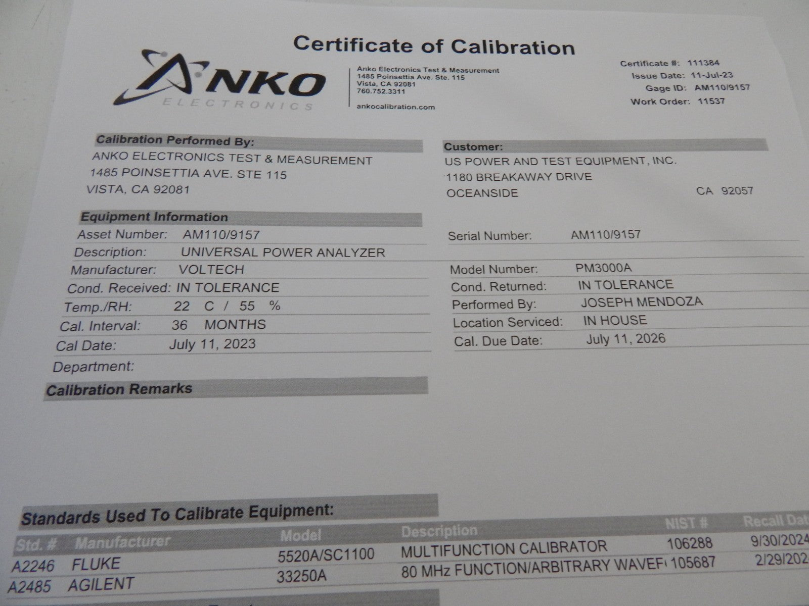 Voltech Universal AC Power Analyzer PM3000A 1 channel. NIST cal'ed