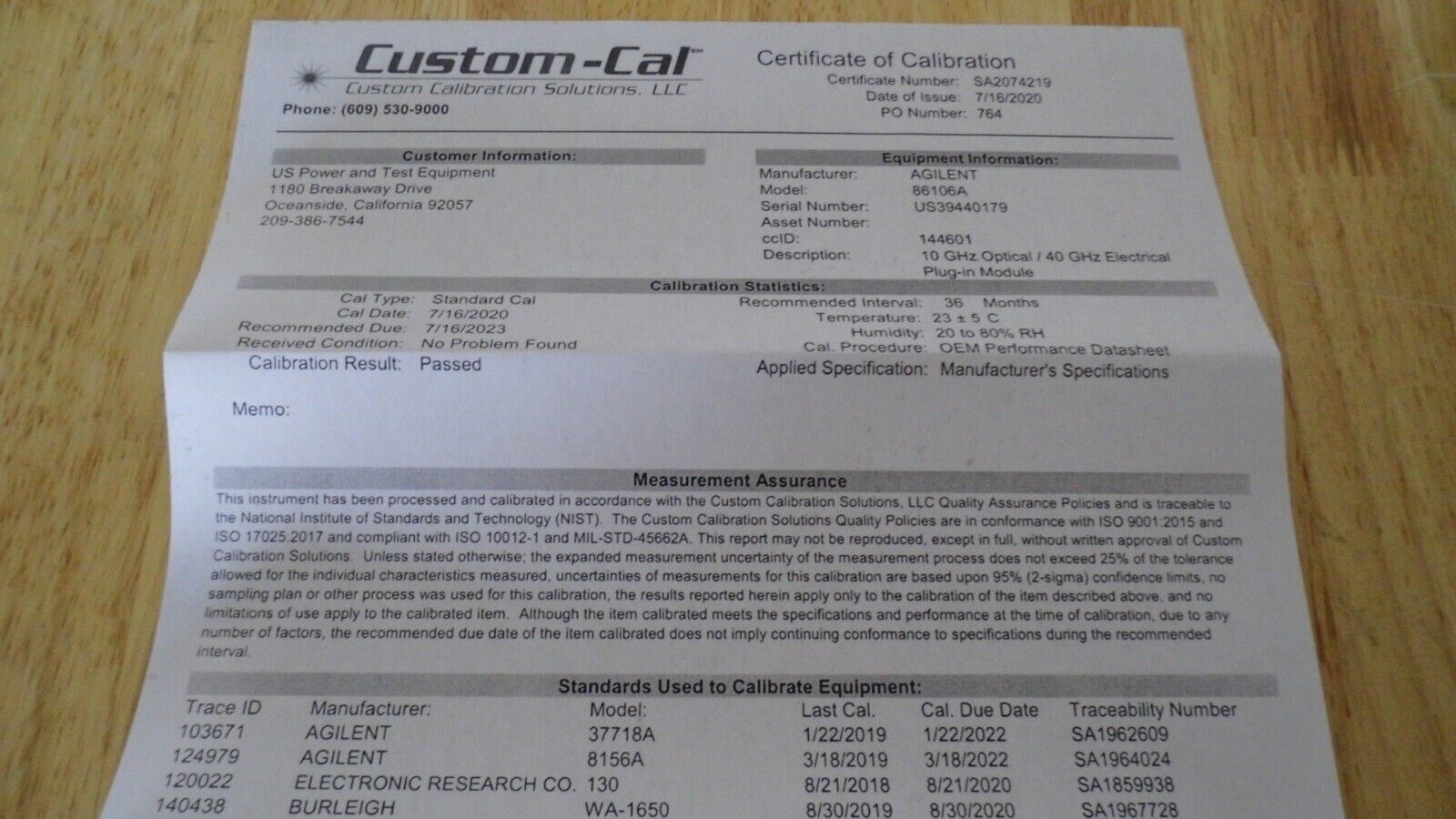 HP Agilent 86106A 30GHz Optical/40GHz Module w/ Opt 102 5th Order, nist cal'ed