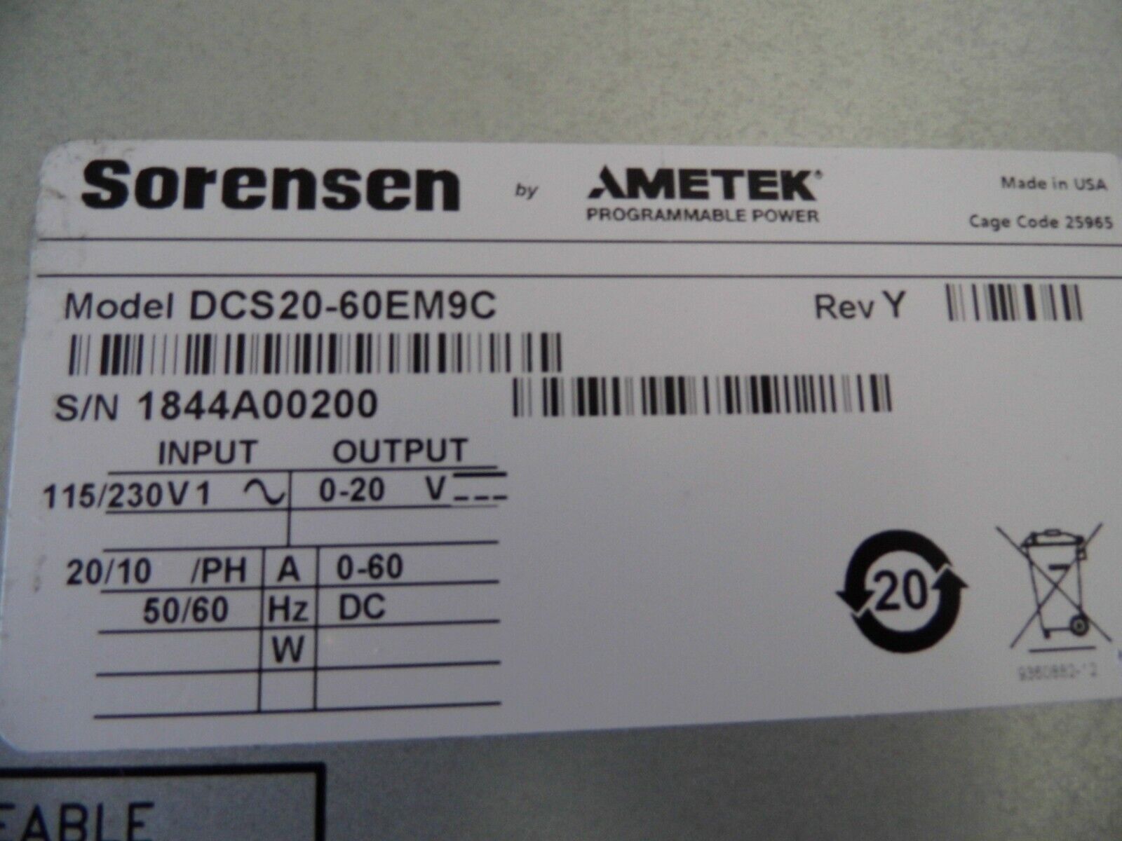 Sorensen DCS20-60E M9C Power Supply, 0-20 V, 0-60 A GPIB