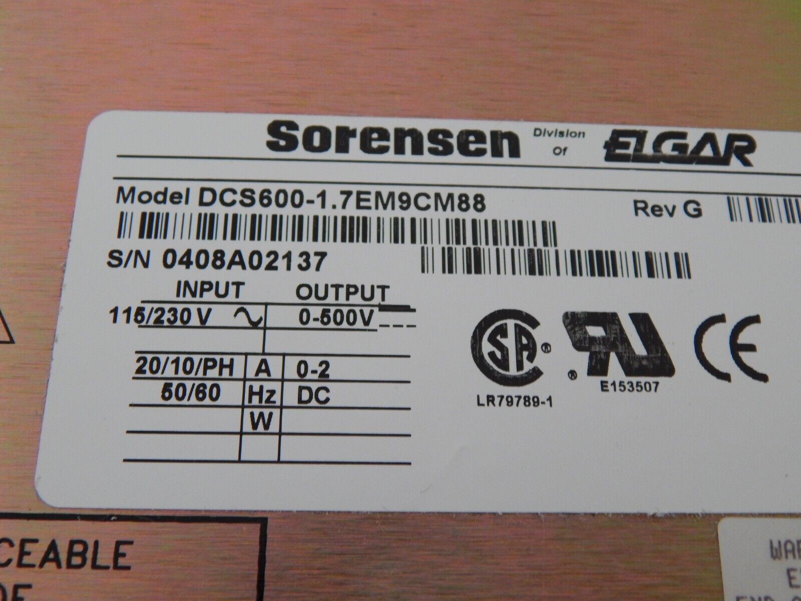 Sorensen DCS600-1.7EM9CM88  DC Power supply 500Vdc 2.0 Amps
