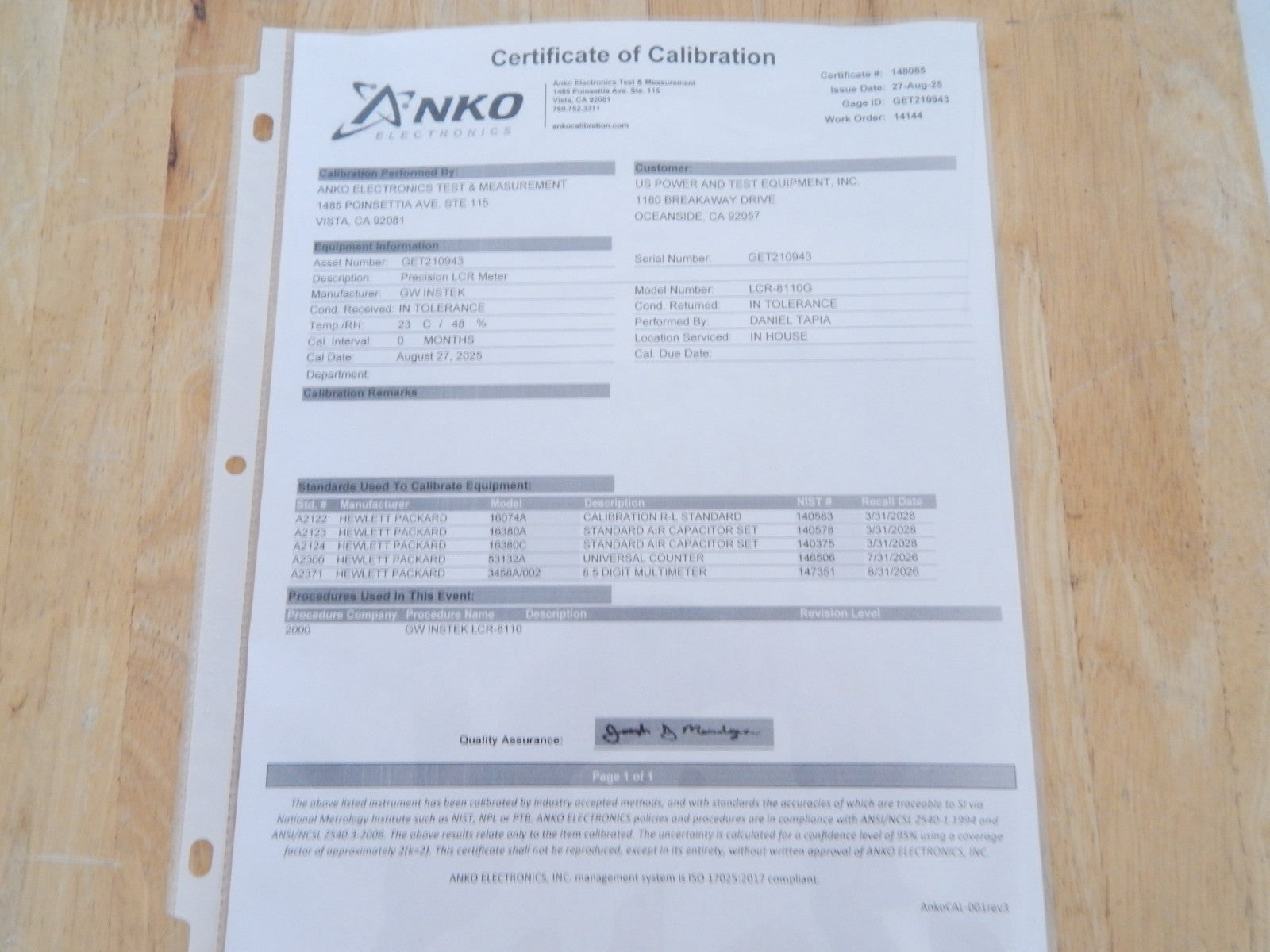 GW Instek LCR8110G 20Hz to 10MHz Precision LCR Meter w/ NIST calibration *mint*
