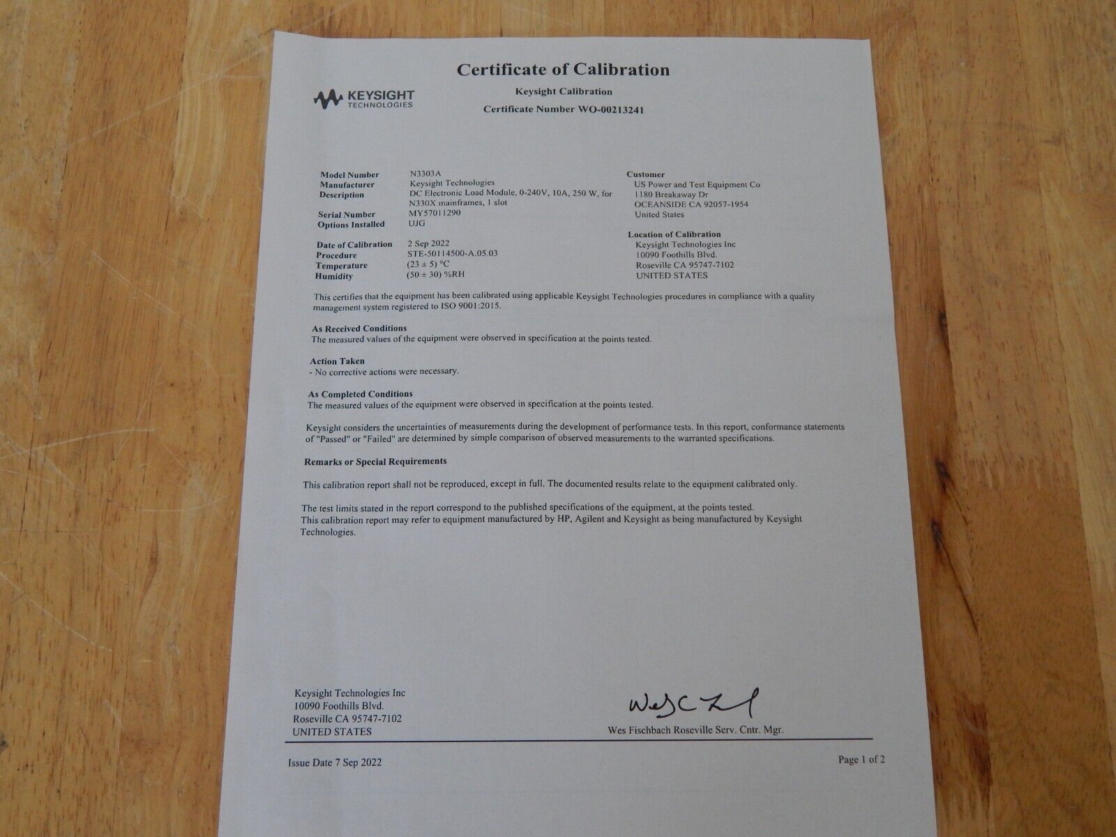 Keysight N3303A DC Electronic Load Module, 0 - 240V, 0-10A, 250W, **MFG Cal'd**