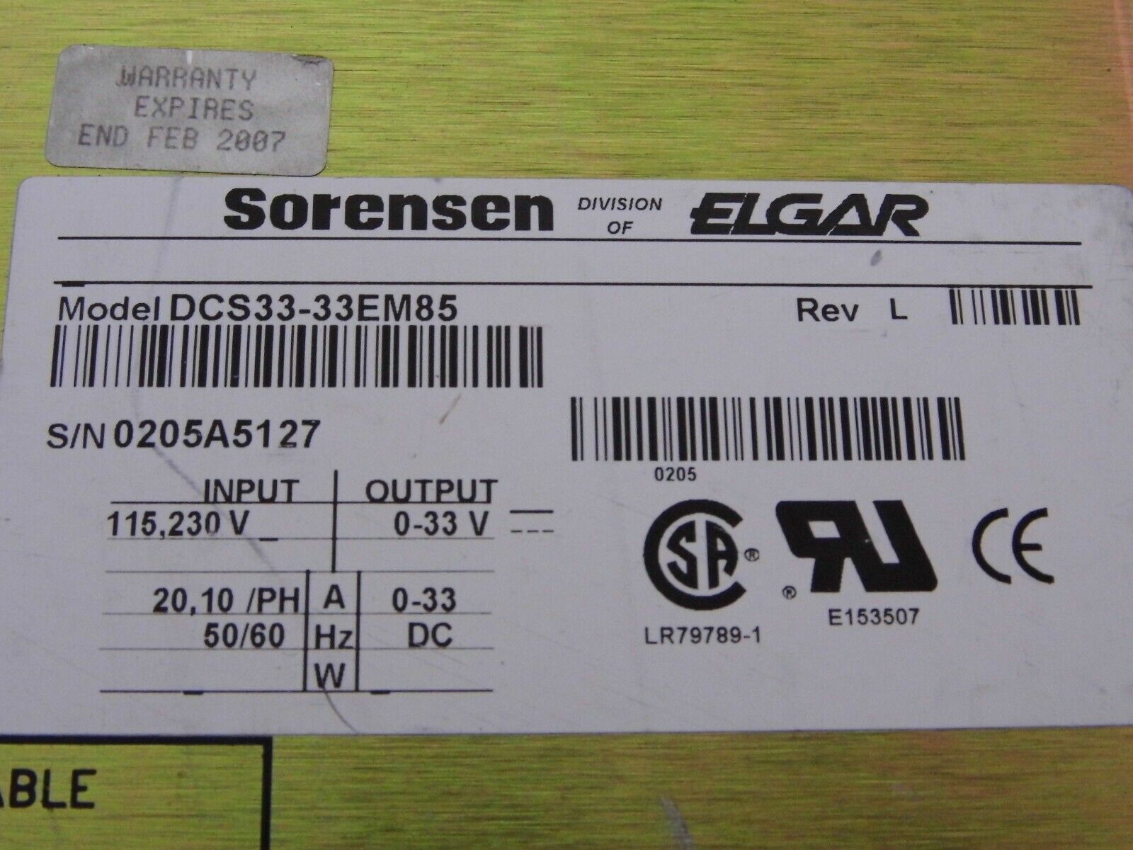 Sorensen DCS33-33E M85 DC Power Supply   30 day warranty
