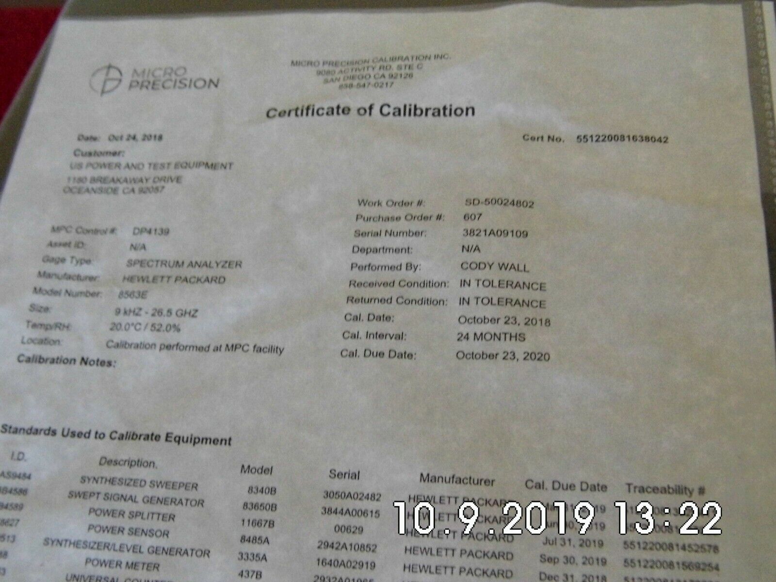 Agilent HP 8563E  9Khz to 26.5GHz Spectrum Analyzer  NIST Calibrated