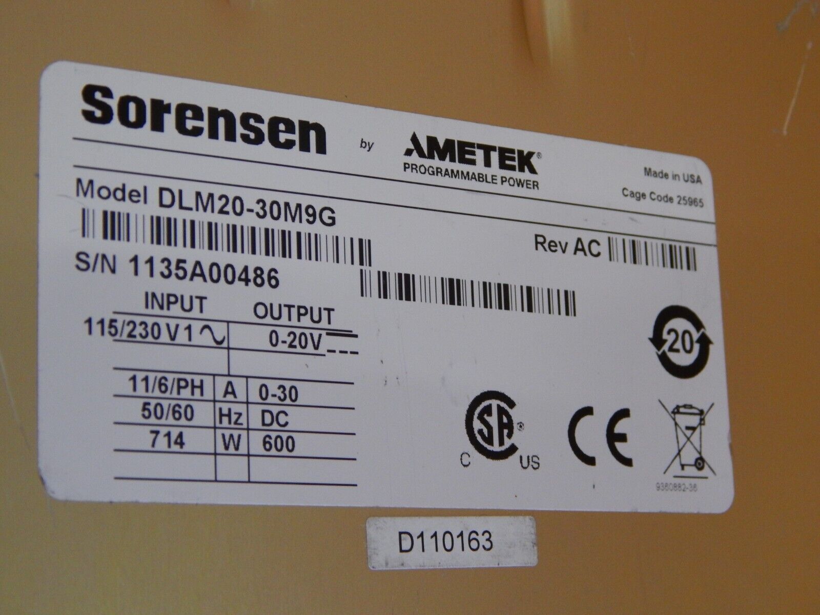 Sorensen Power Supply DLM 20-30 M9G (GPIB), 20Vdc 30A (4 in stock)