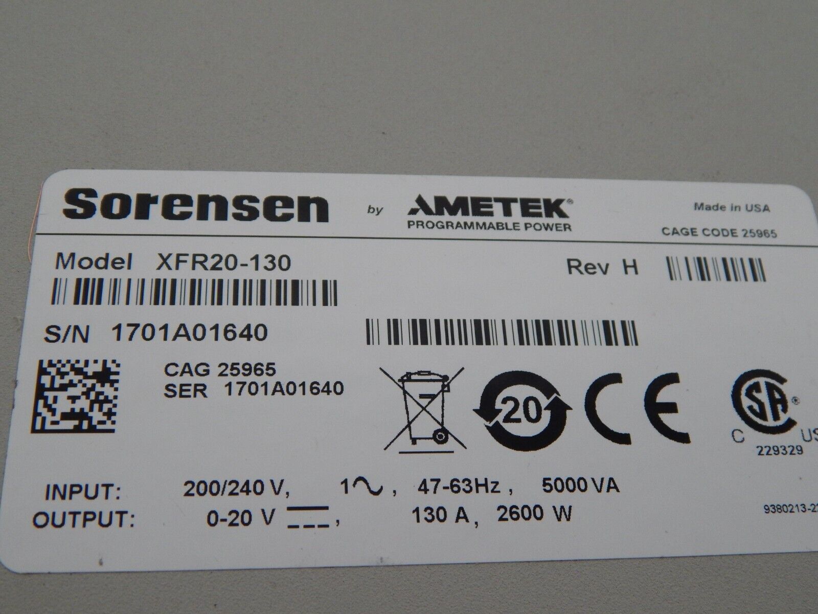 Xantrex XFR20-130 DC Power Supply, 20V, 130A,  2600W