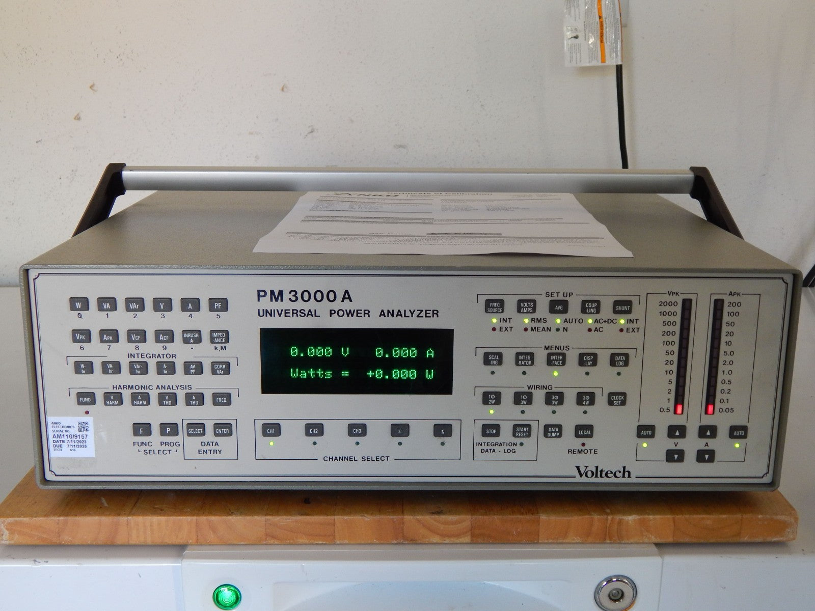 Voltech Universal AC Power Analyzer PM3000A 1 channel. NIST cal'ed
