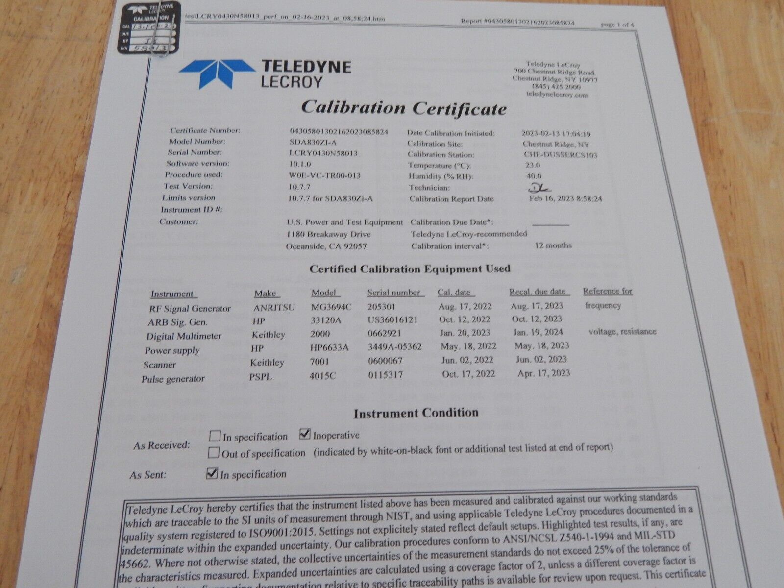 LeCroy SDA830Zi-A oscilloscope w/mfg cal & data 2/23 option loaded, WIN 10