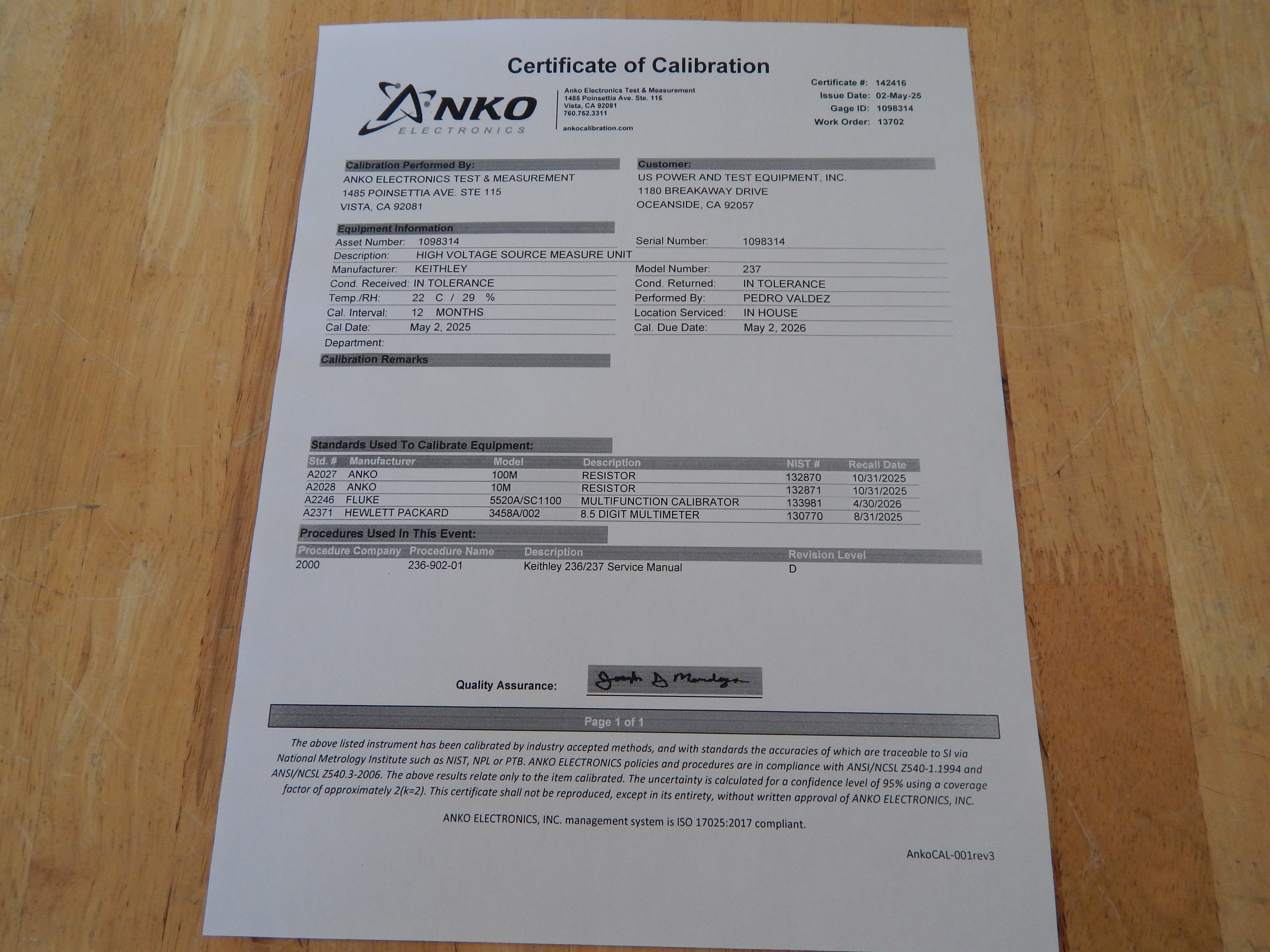 Keithley 237 High Voltage source measure unit, GPIB, NIST calibrated, 1 In Stock