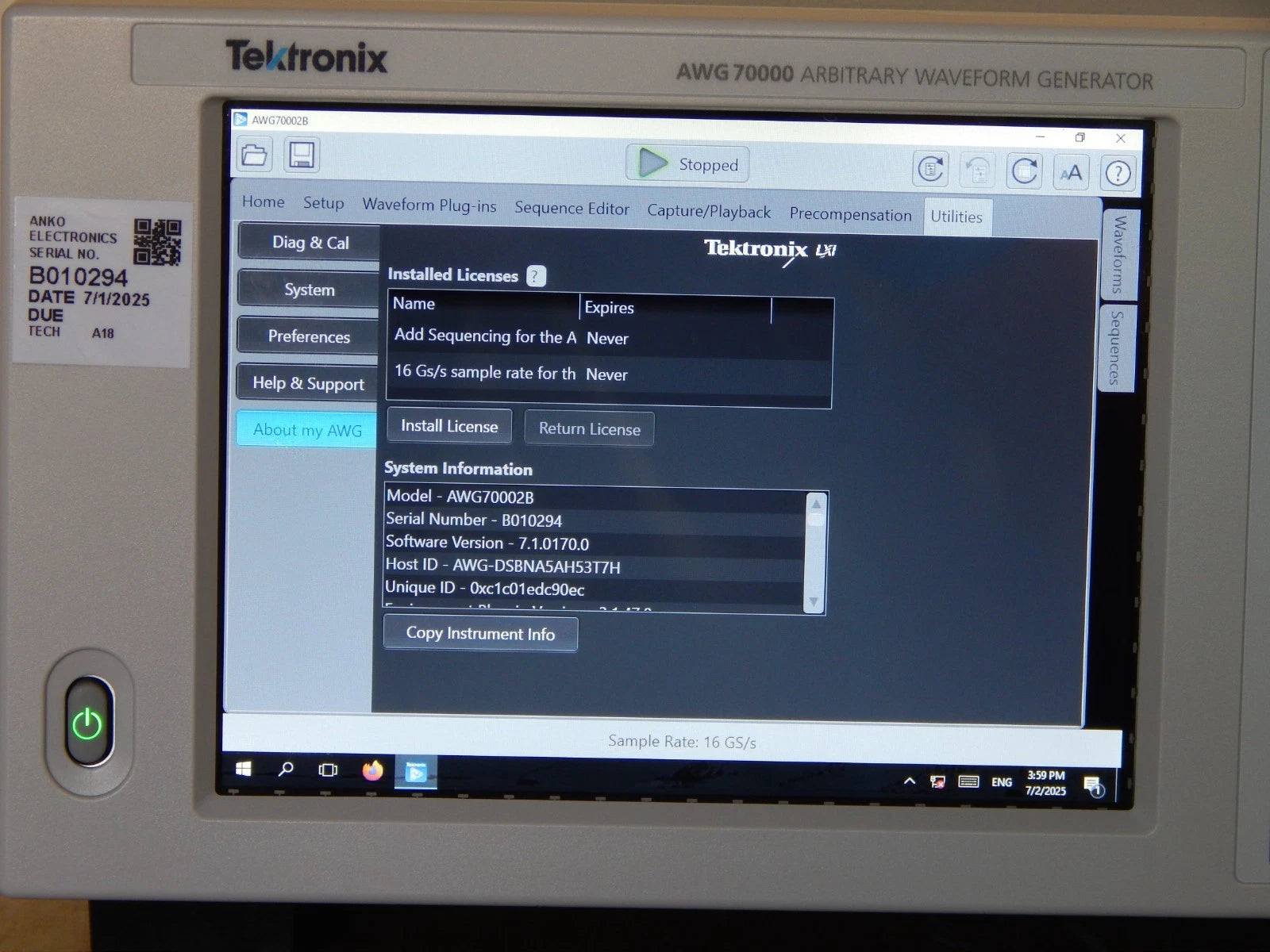 Tektronix AWG70002B w/16GS/s & SEQ and NIST cal w/data