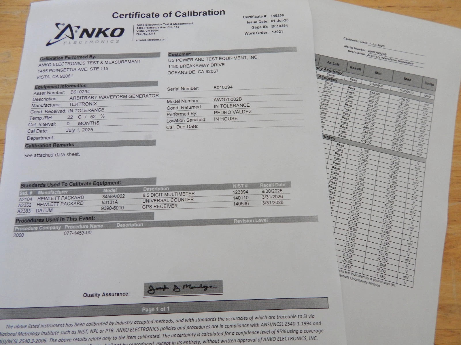 Tektronix AWG70002B w/16GS/s & SEQ and NIST cal w/data