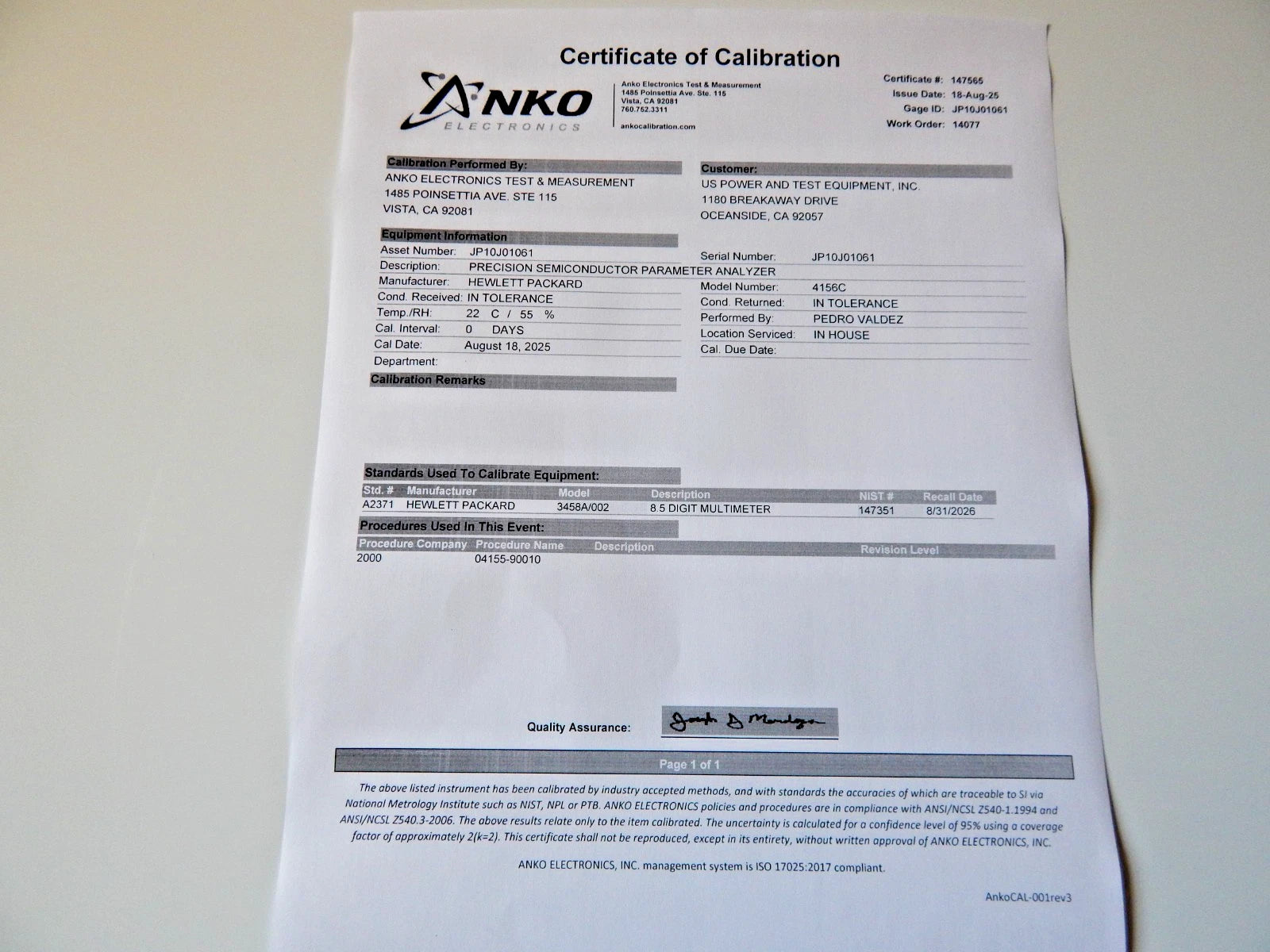 Agilent 4156C Precision Semiconductor Parameter Analyzer, NIST Cal