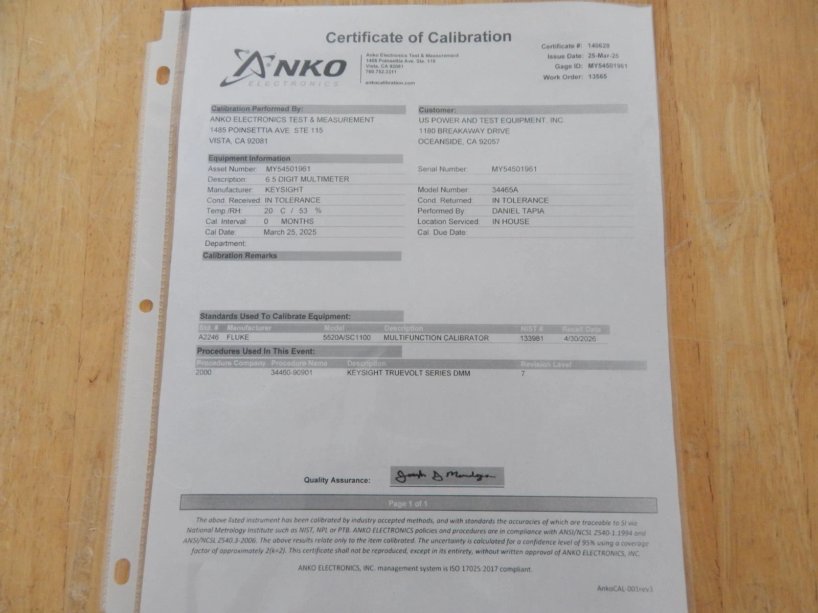 Keysight 34465A, 6½ Digit, Truevolt DMM, NIST cal